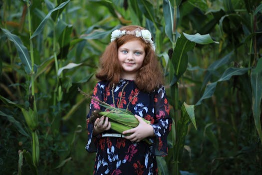一位迷人的年轻女孩手拿玉米，站在郁郁葱葱的玉米地里，展现了收获季节与乡村生活的本质