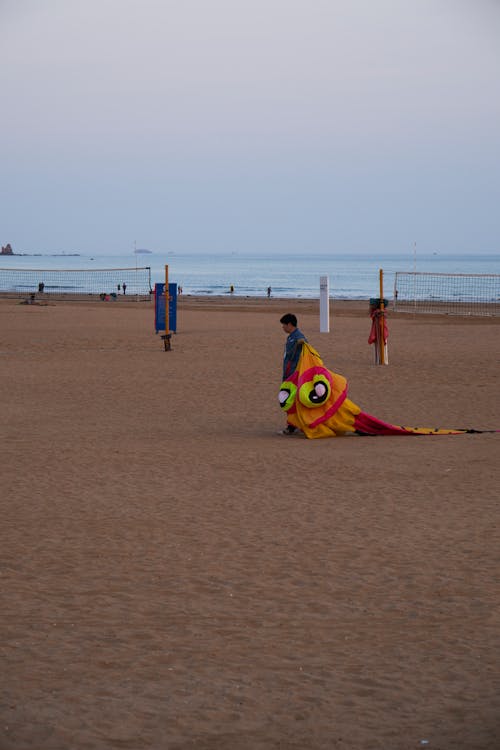 Free Boy Dragging a Kite Down the Beach Stock Photo