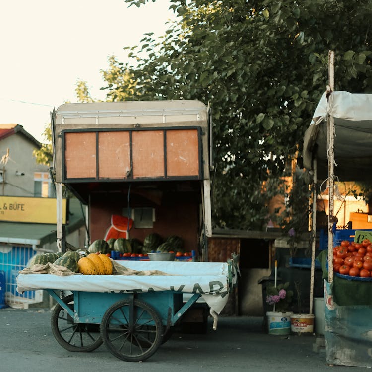 Stalls With Fresh Food On A Street Market 