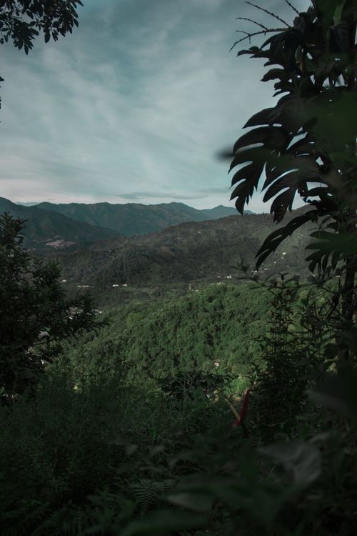 Free Lush green mountains under a cloudy sky create a serene natural landscape perfect for travel inspiration. Stock Photo