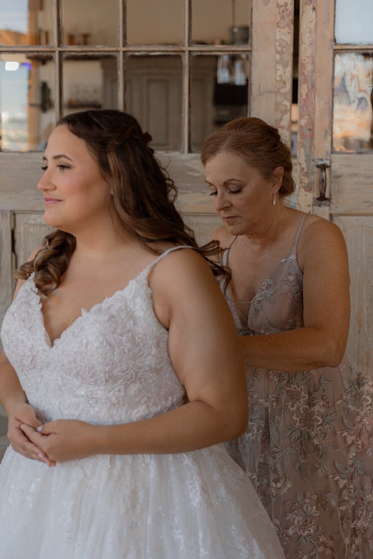 Woman In White Lace Wedding Gown