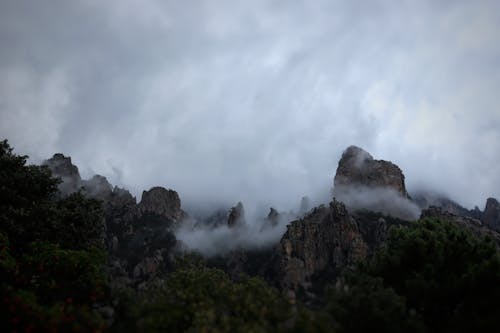 View of Dense Clouds between Rocky Mountain Peaks 