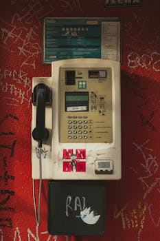 Retro payphone against a graffiti-covered red wall represents nostalgic urban vibes.