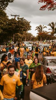 A vibrant street parade in Brazil with a crowd celebrating in yellow jerseys under a cloudy sky.