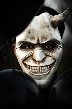 A haunting figure in a demon mask holding black balloons, evoking a creepy atmosphere.