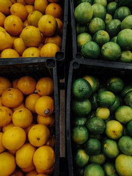 Top view of vibrant yellow and green citrus fruits in market crates, showcasing freshness in Mexico.