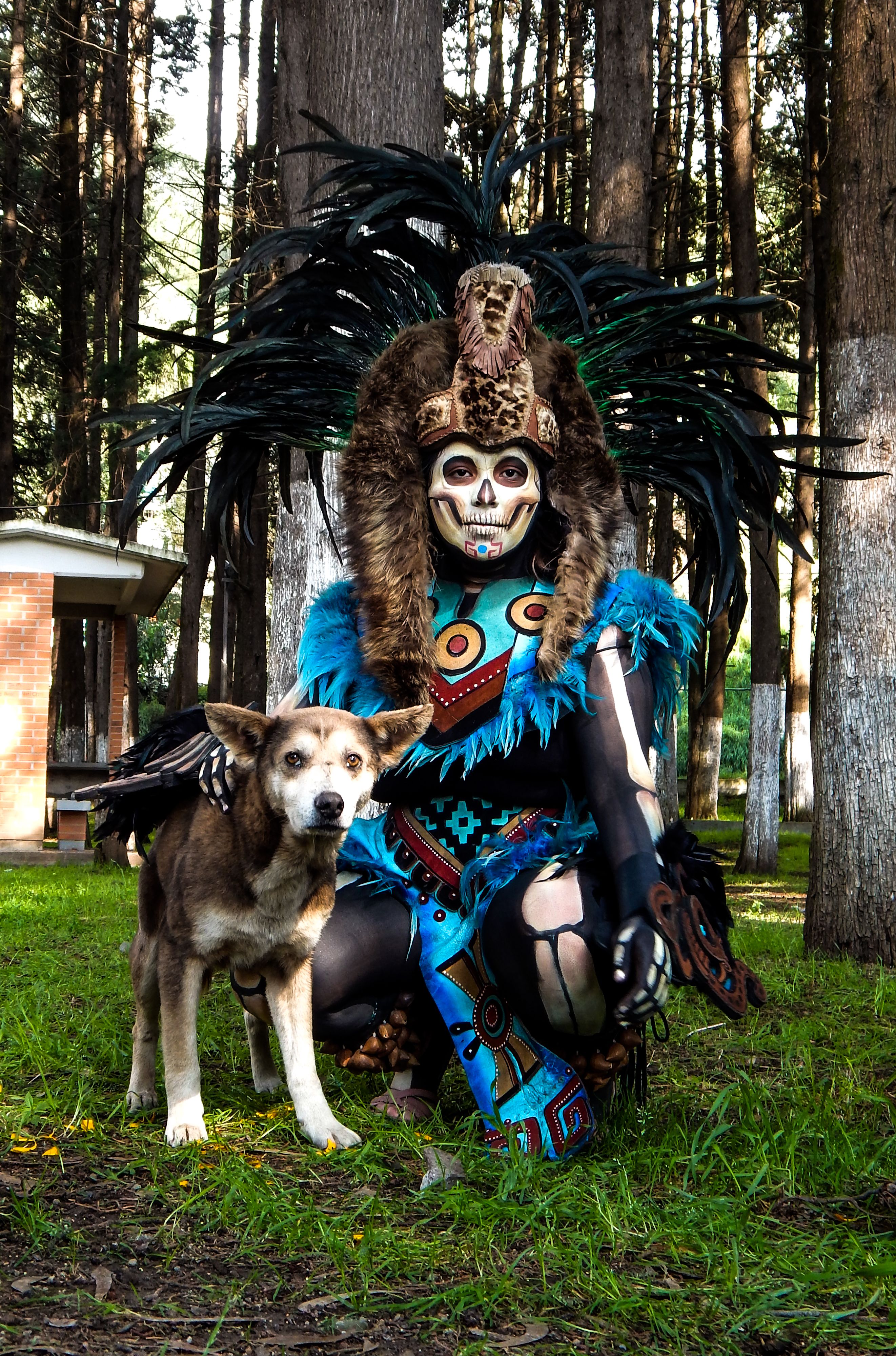 Person in traditional Day of the Dead costume with dog in Mexican forest.