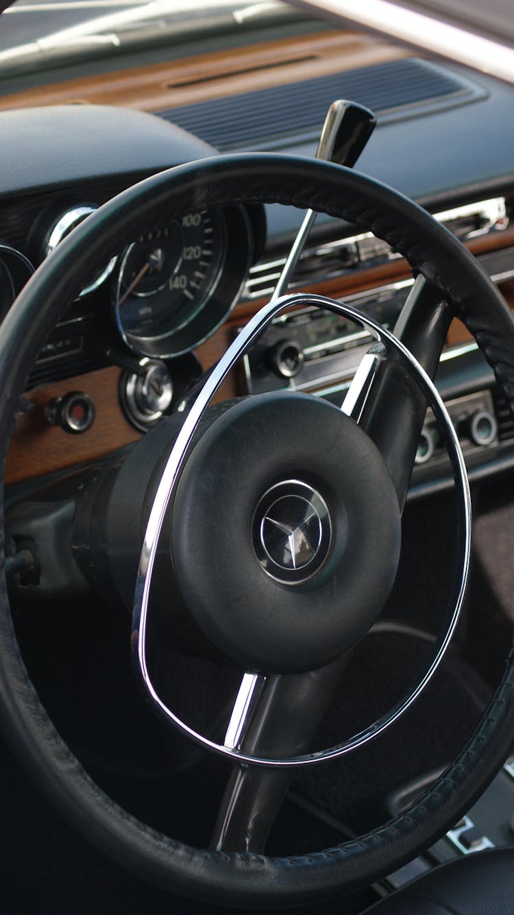 The Steering Wheel Of A Vintage Mercedes Benz