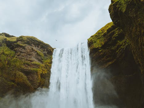 A stunning waterfall cascades between moss-covered cliffs under an overcast sky.