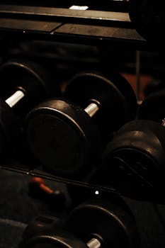 A close-up view of heavy dumbbells on a rack in a dimly lit gym.