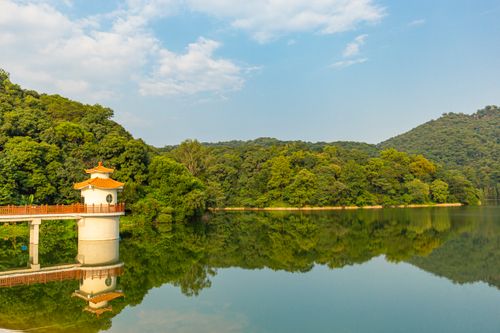 Free Serene landscape featuring a reflective lake and pagoda surrounded by lush greenery under a clear sky. Stock Photo
