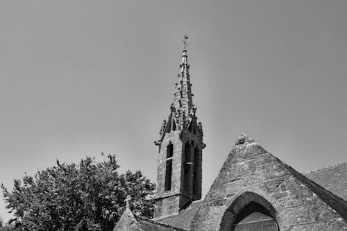 Çan kulesi, gotik mimari, gri tonlama içeren Ücretsiz stok fotoğraf
