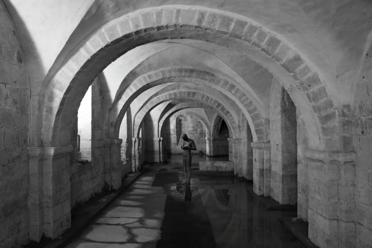 Person Standing At End Of Hallway In Medieval Castle