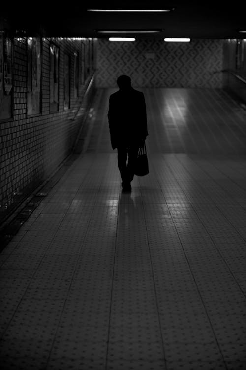 Silhouette of Person Walking on Tunnel