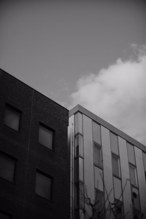 Grayscale Photo of Buildings in Low Angle Shot 
