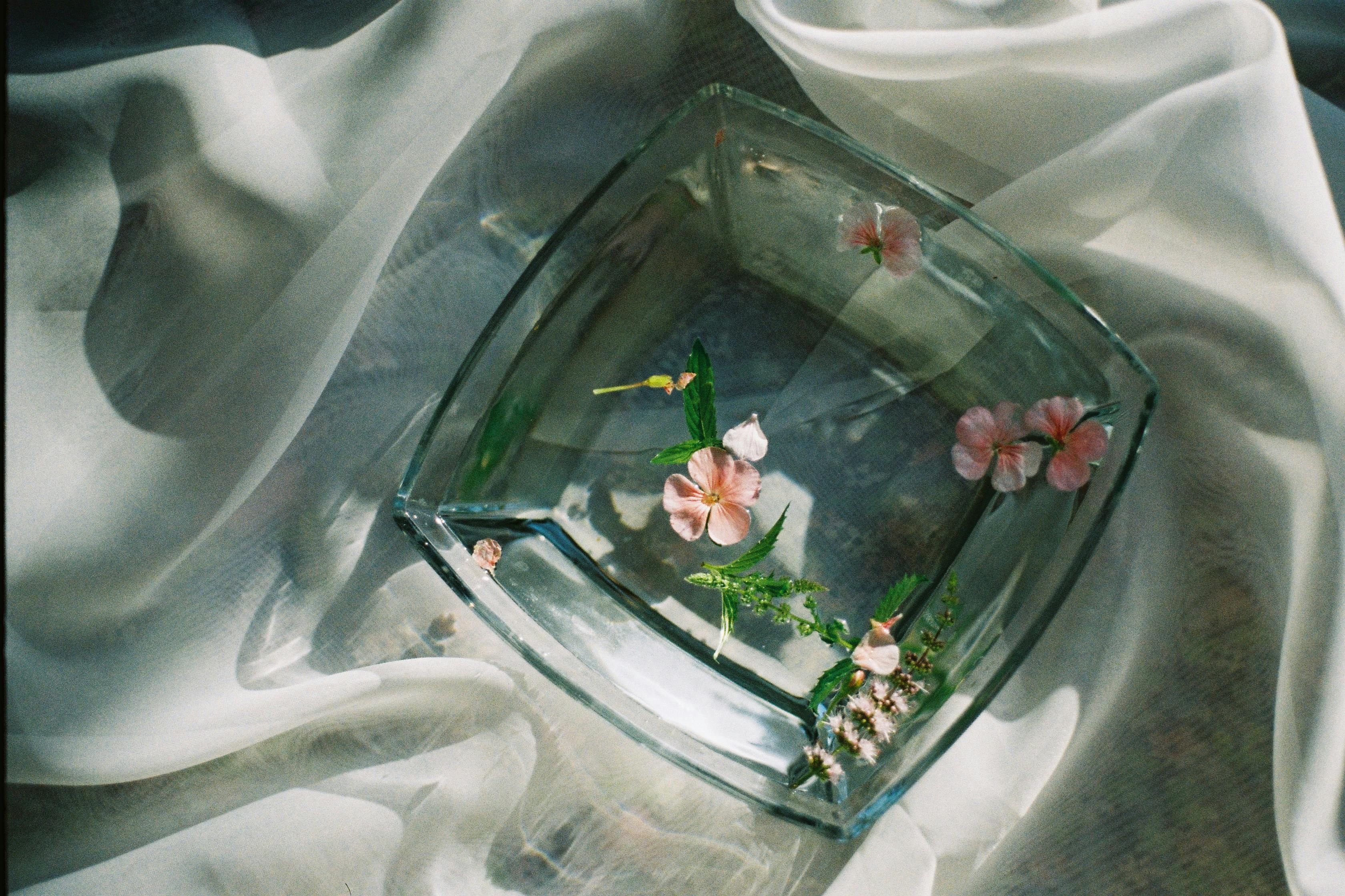 Aesthetic top view of floating flowers in a glass bowl on soft fabric, providing a serene and elegant composition.