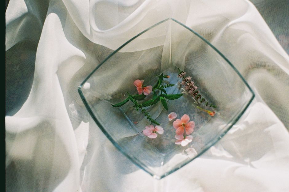 Square glass bowl with floating pink flowers and leaves on white fabric. Elegant and serene composition.