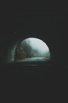 Serene view of a misty road from inside a tunnel, surrounded by forest.