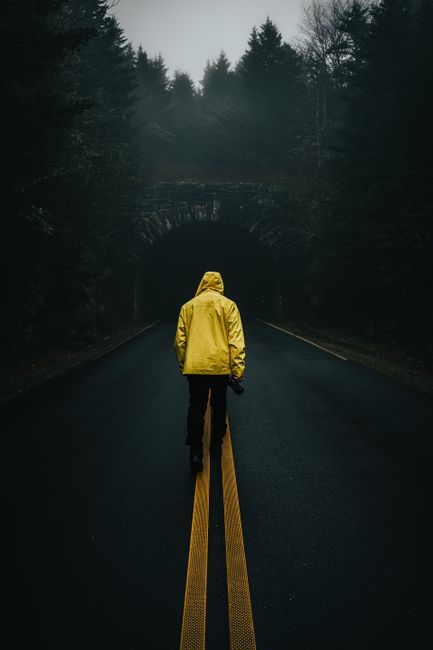 A solitary figure in a yellow jacket walks down a foggy road towards a dark tunnel.