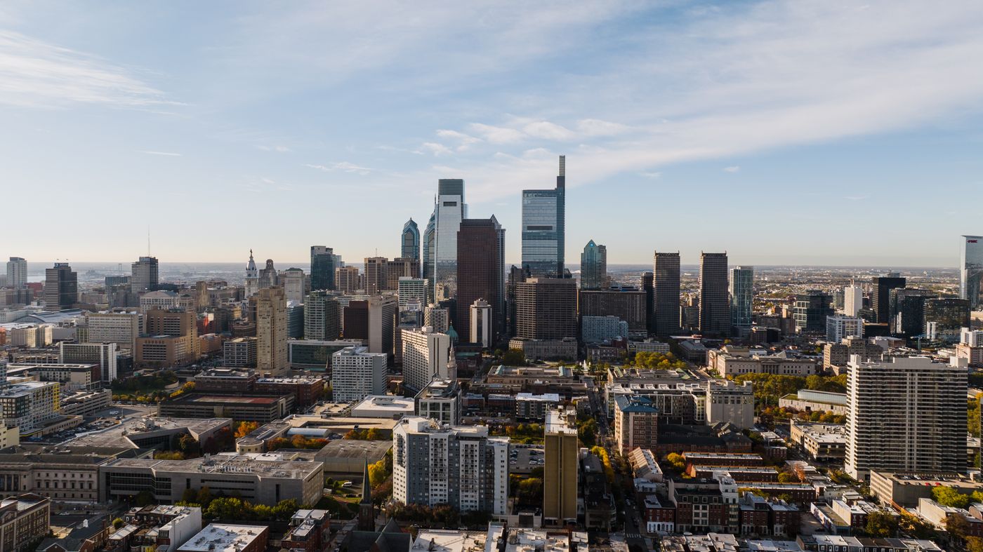 City skyline filmed from a drone for a site visibility study