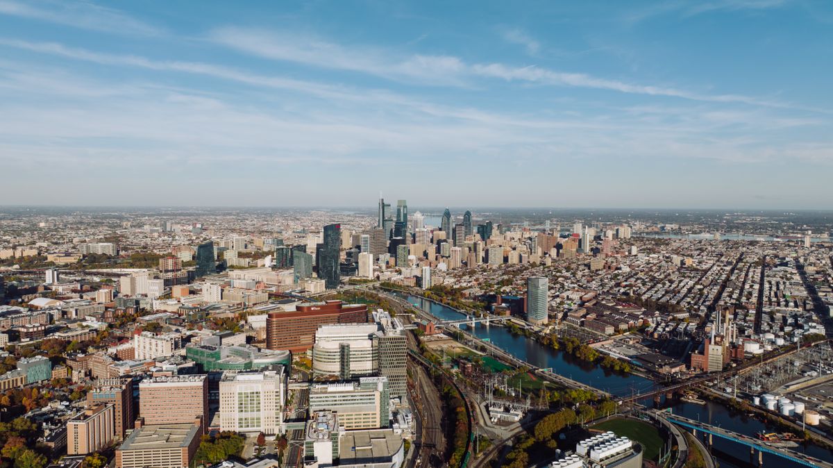 Aerial view of Philadelphia streets and urban buildings