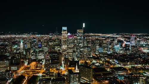 Aerial View of an Illuminated Modern Downtown at Night 