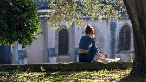 Free A woman enjoys reading outdoors in a peaceful park with greenery and historic architecture. Stock Photo