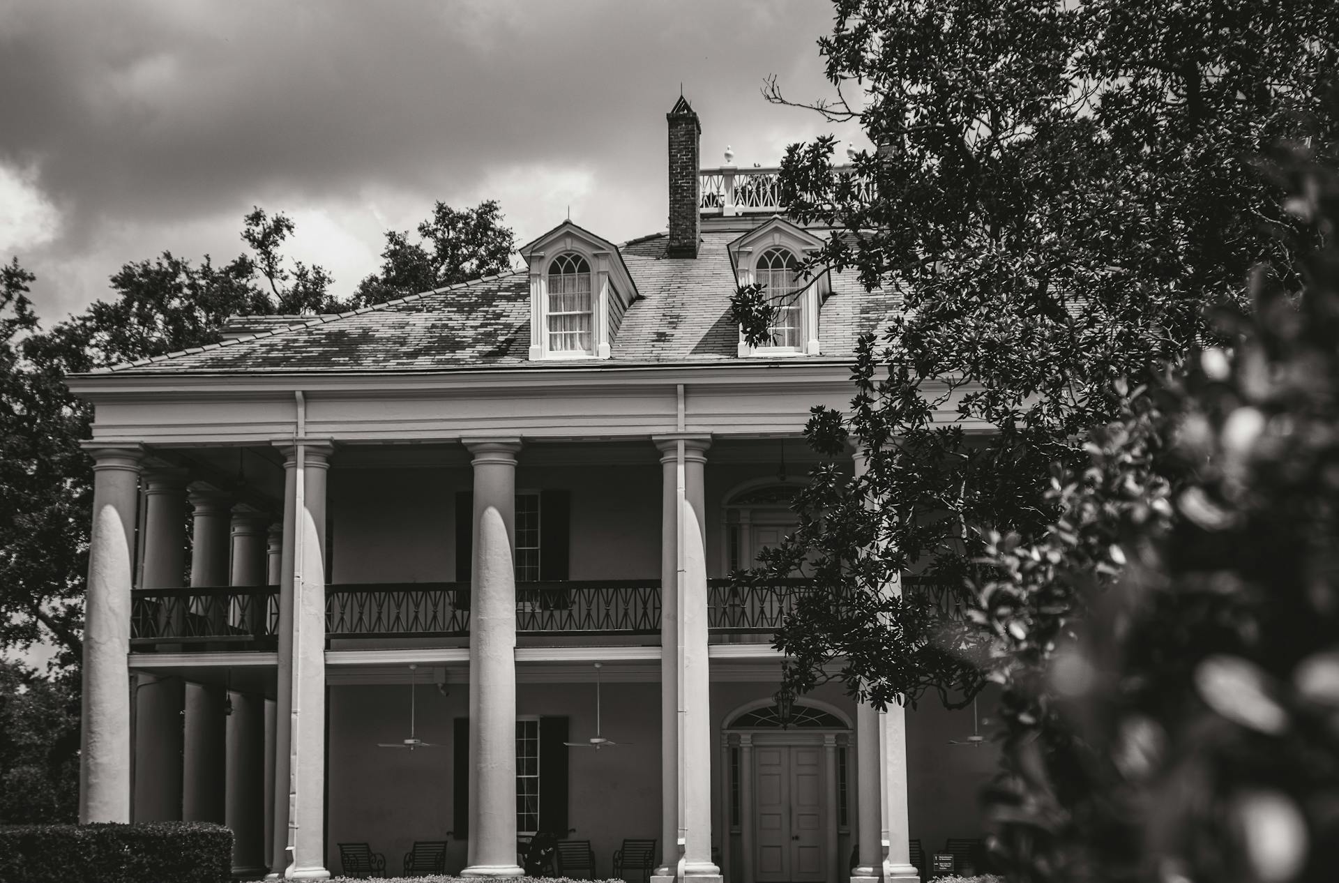 A Grayscale of the Oak Alley Plantation in Louisiana