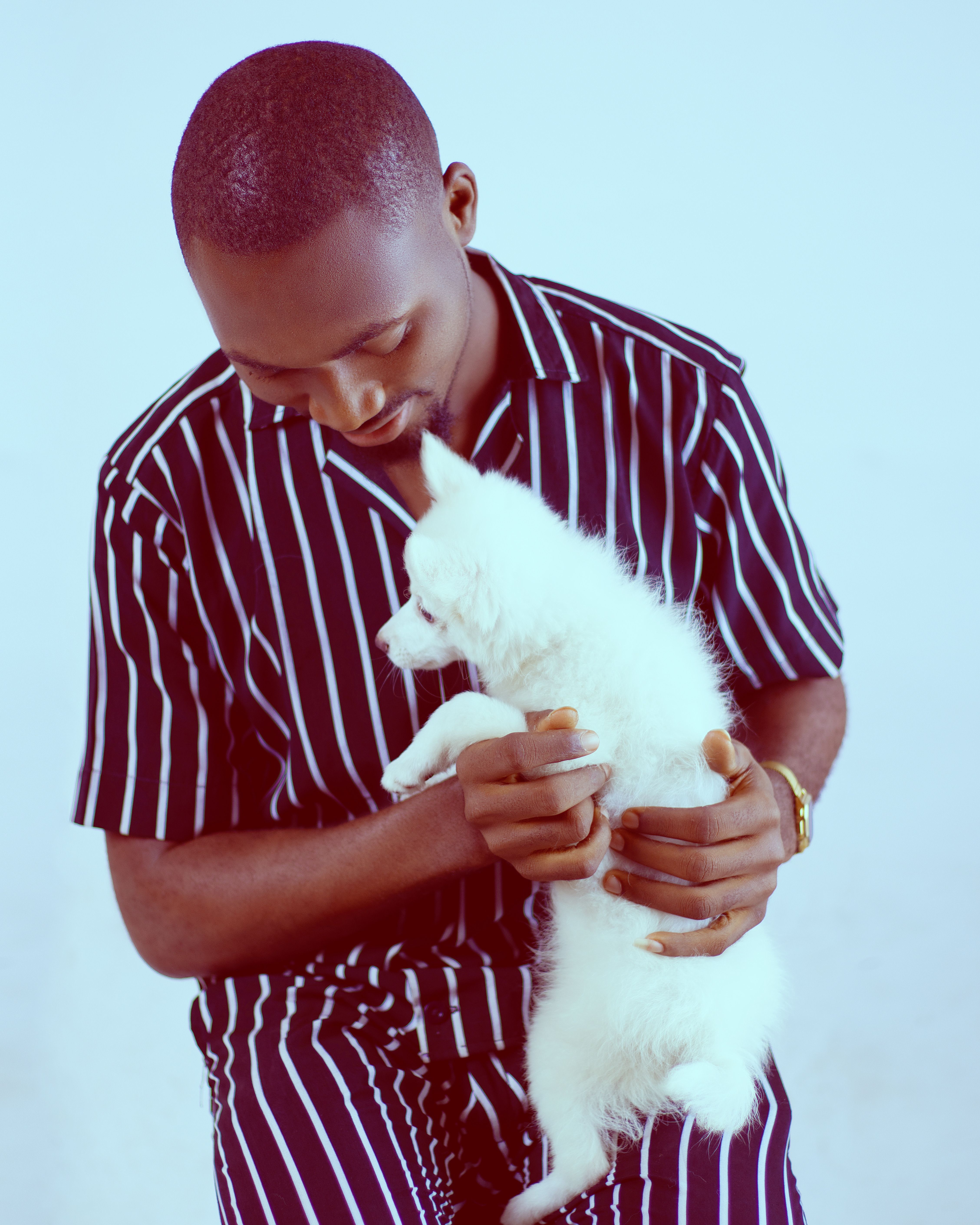 A young man in a striped shirt lovingly holding a white dog against a soft blue backdrop.