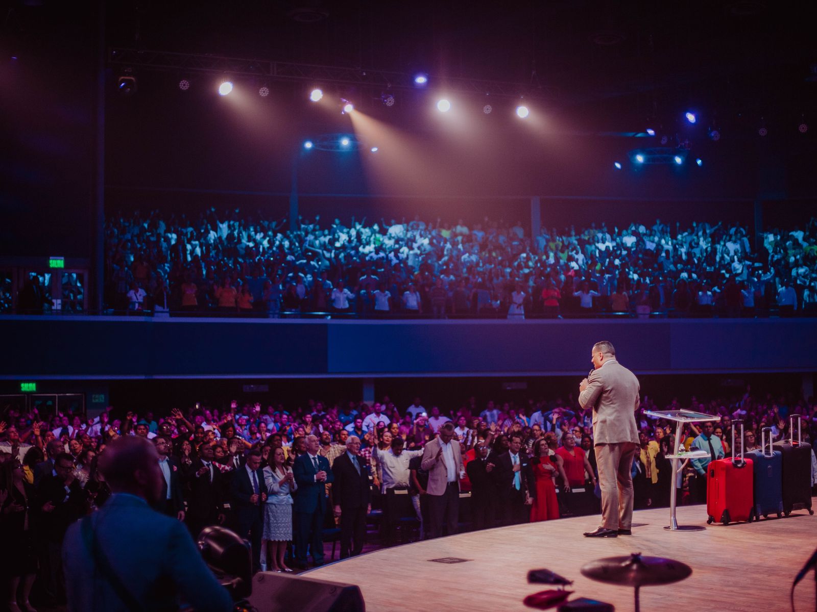 Technology conference stage used as illustrative editorial imagery