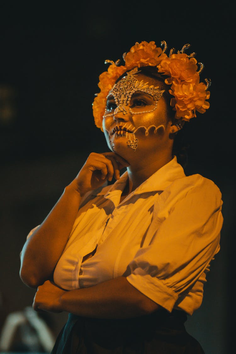 Woman With Makeup At Festival In Dark