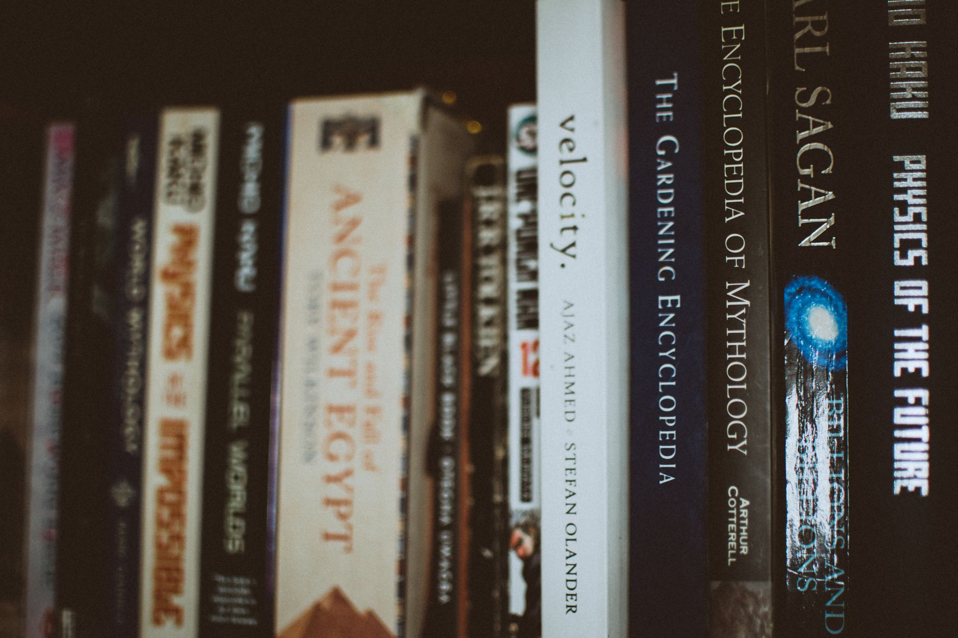 Close-up of a bookshelf showcasing various academic and literature books in a home library.