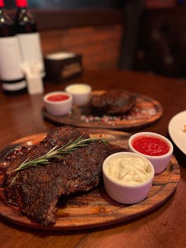 Delicious grilled steak served with sauces on a wooden platter at a restaurant.