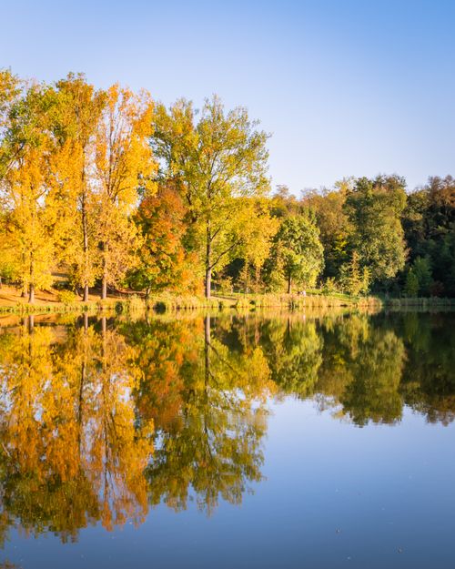 Free A tranquil autumn scene with colorful trees reflecting on a calm lake surface. Stock Photo