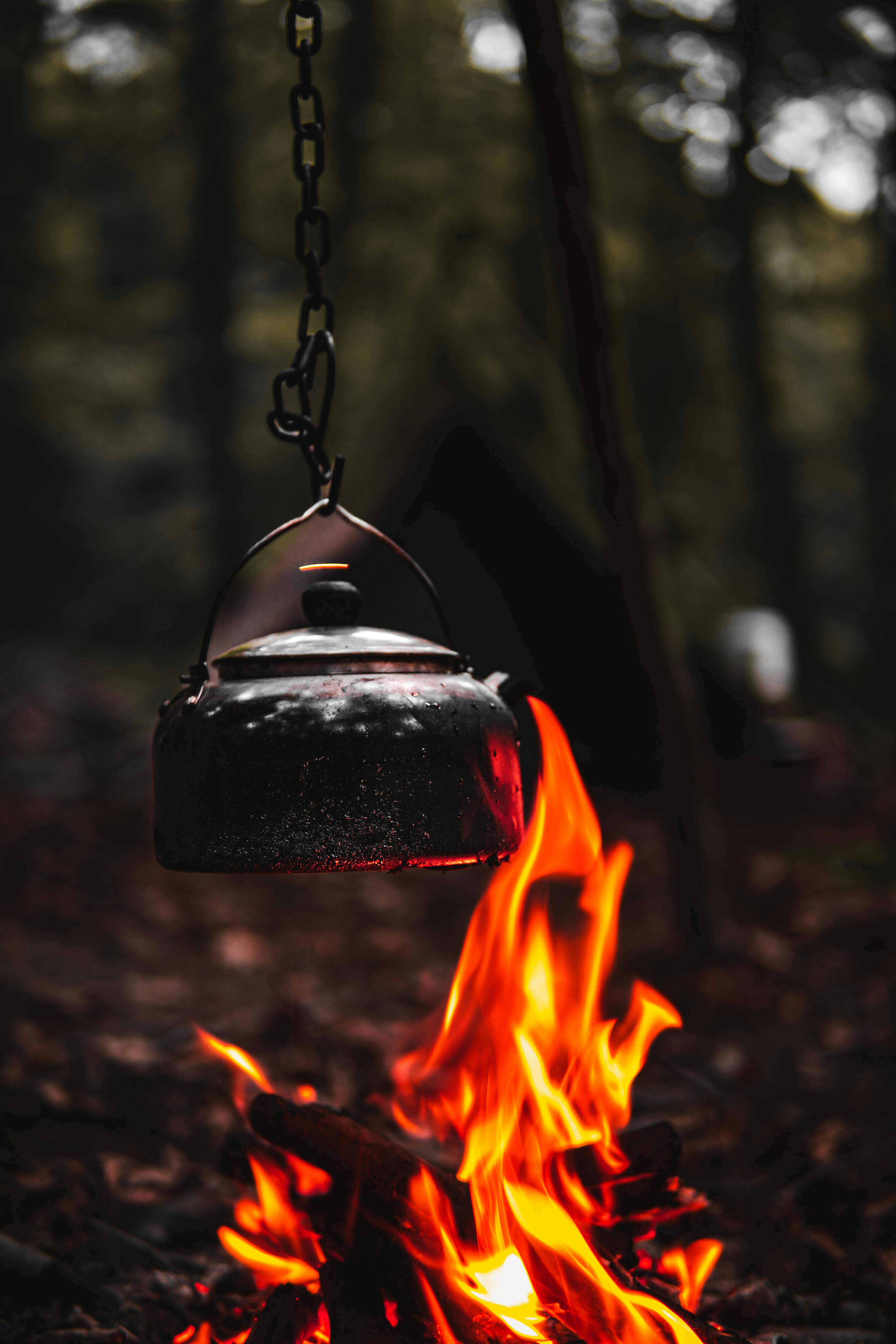 Black Kettle Hanging on Flames · Free Stock Photo