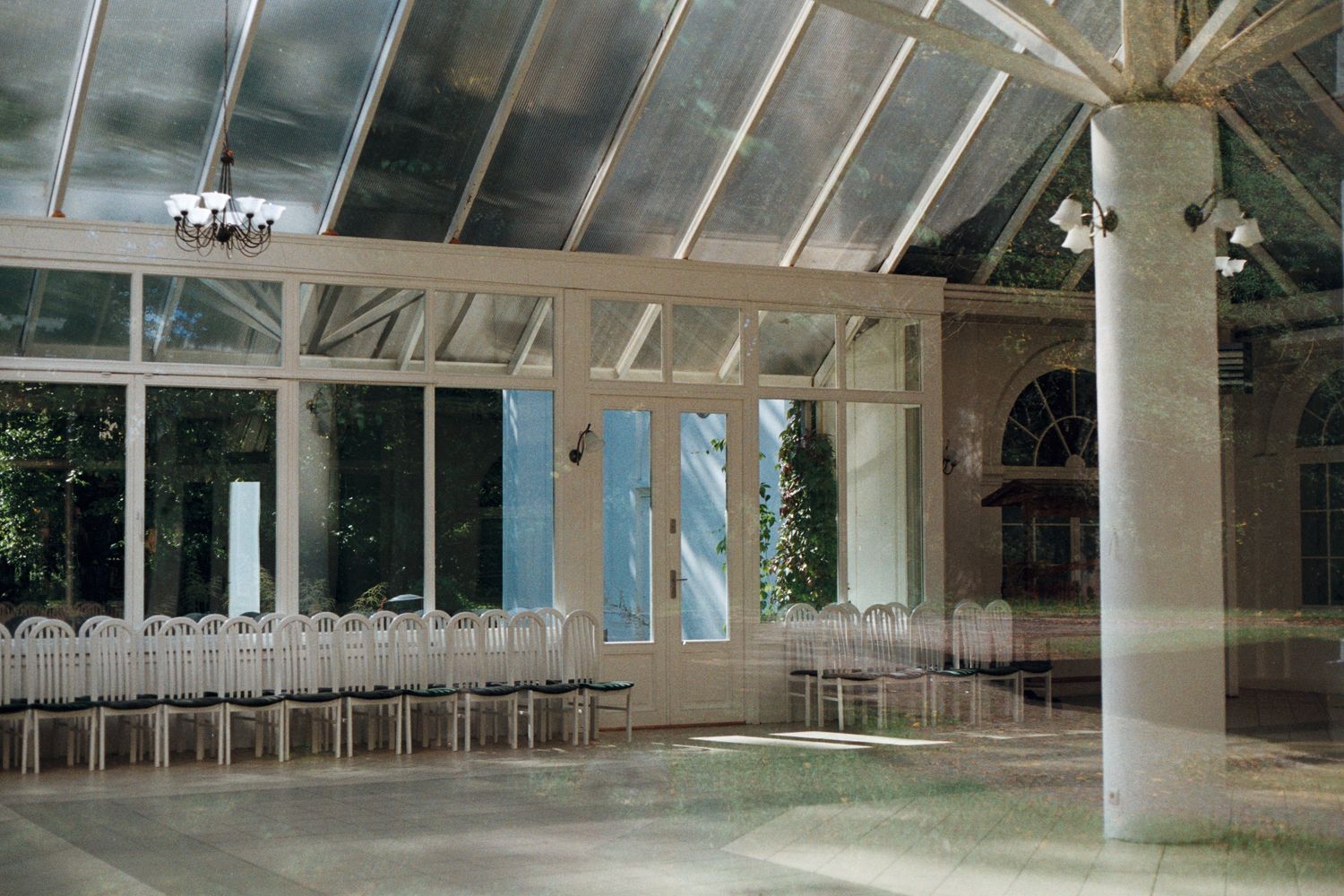 Conservatory interior looking up at the glazed roof