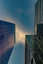 从城市摩天大楼向上望去，反光玻璃立面映衬着充满活力的蓝天