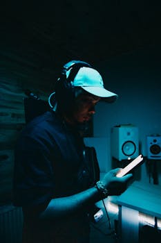 Musician in recording studio holding a smartphone. Captured in dark moody light.