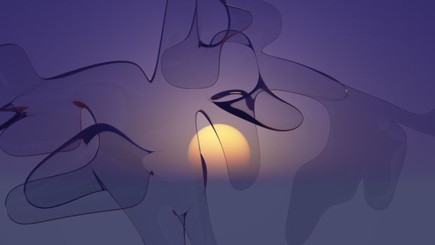 Abstract glass-like shapes with vibrant sunset glow, blending art and nature.