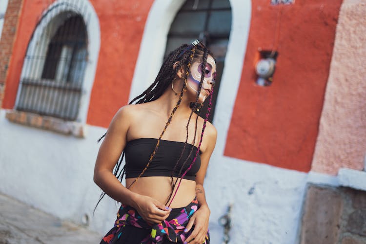 Beautiful Woman With Face Painted On Street