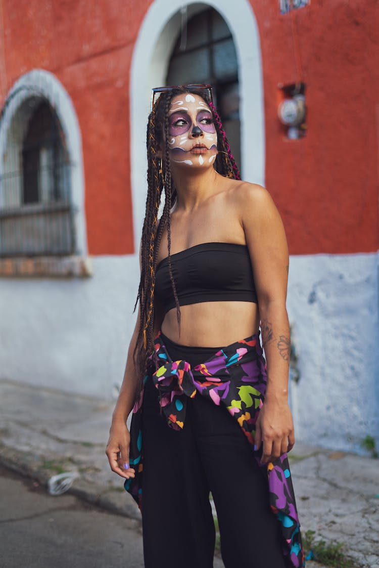 Beautiful Woman With Face Painted On Street