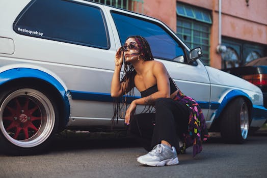 Fashion-forward woman crouching by a vintage car, showcasing urban style with sunglasses and braids.