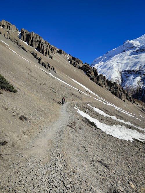 A Person Walking on Dirt Road Near Mountain Range Under Blue Sky