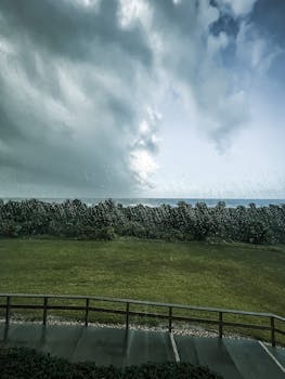 View of a rainy day with water droplets on a window overlooking green trees and cloudy skies.