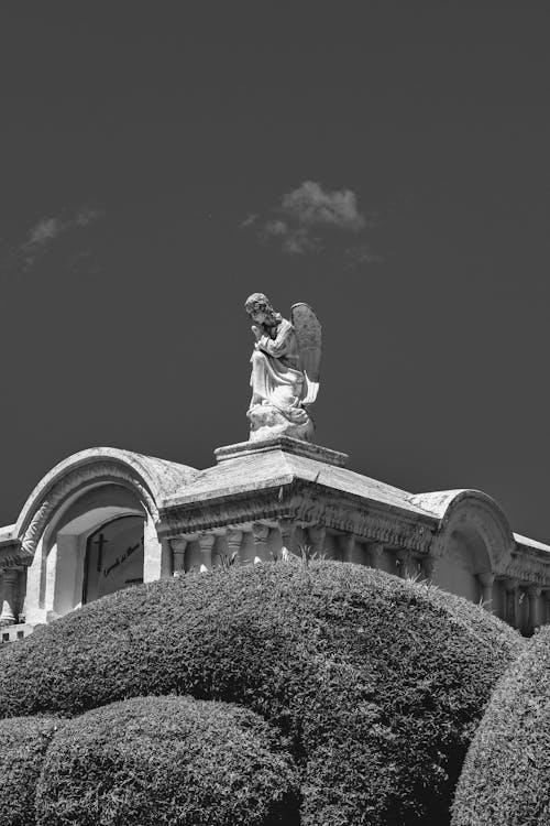 Grayscale Photo of a Statue on Top of the Building