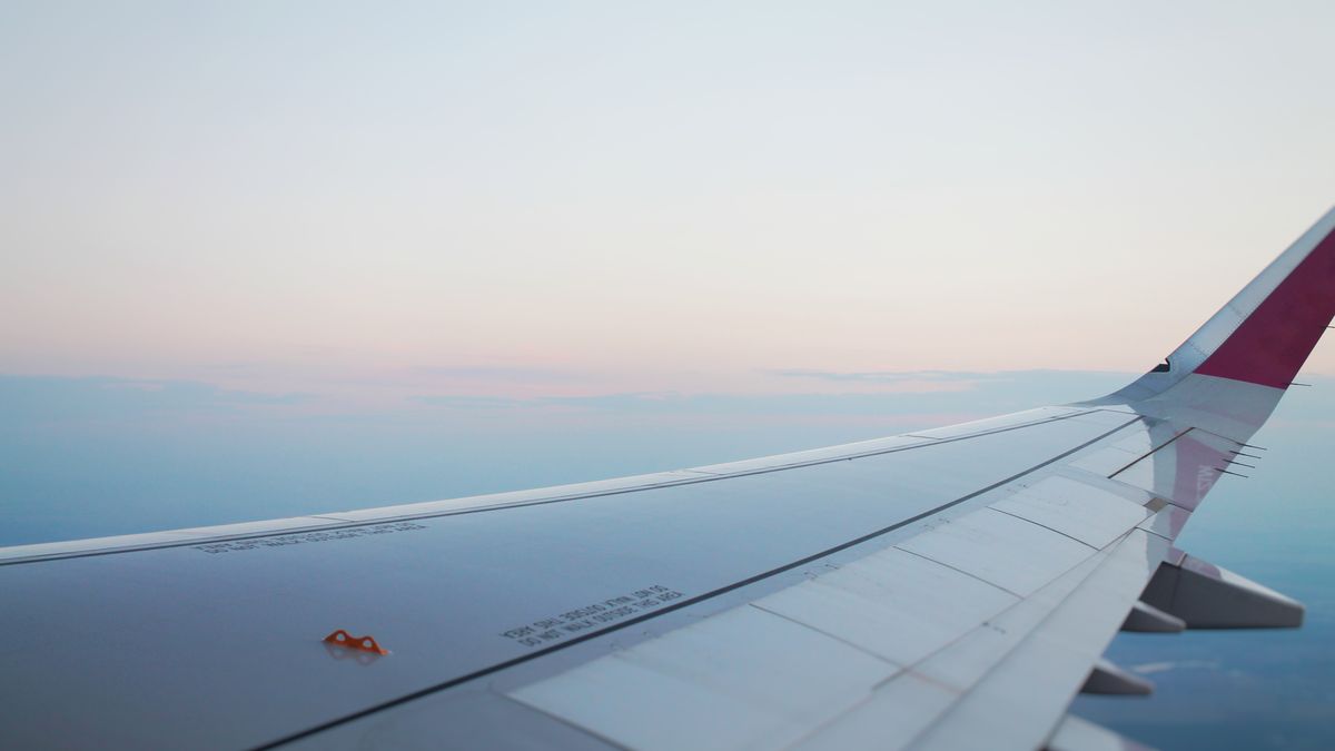 A tranquil view of an airplane wing against a pastel sky, symbolizing travel and freedom.