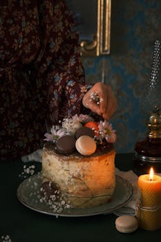 A stylish cake adorned with fresh flowers and macarons, lit by candlelight.