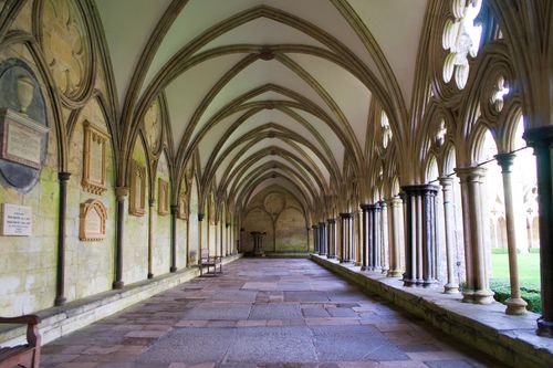 Free Gothic architecture in the cloister of Salisbury Cathedral, England. Stock Photo