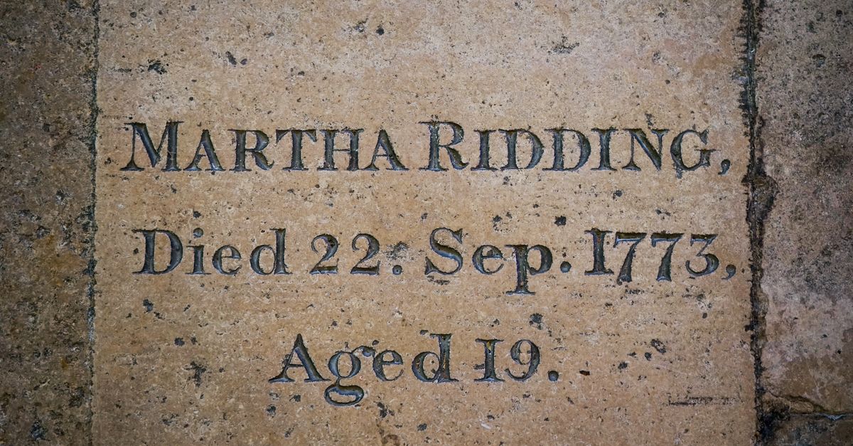 Historic memorial plaque of Martha Ridding dated 1773 in Salisbury, England.