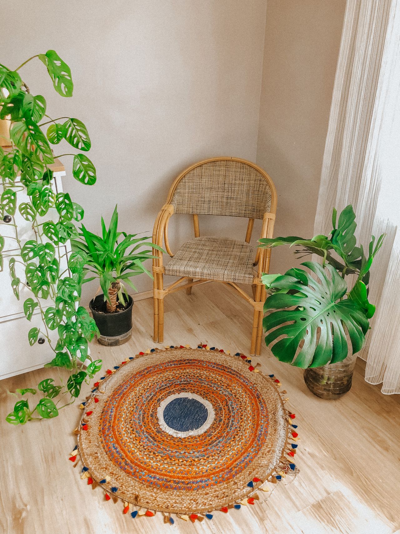 Woven rattan accent chair in a bright living room corner with monstera and green houseplants